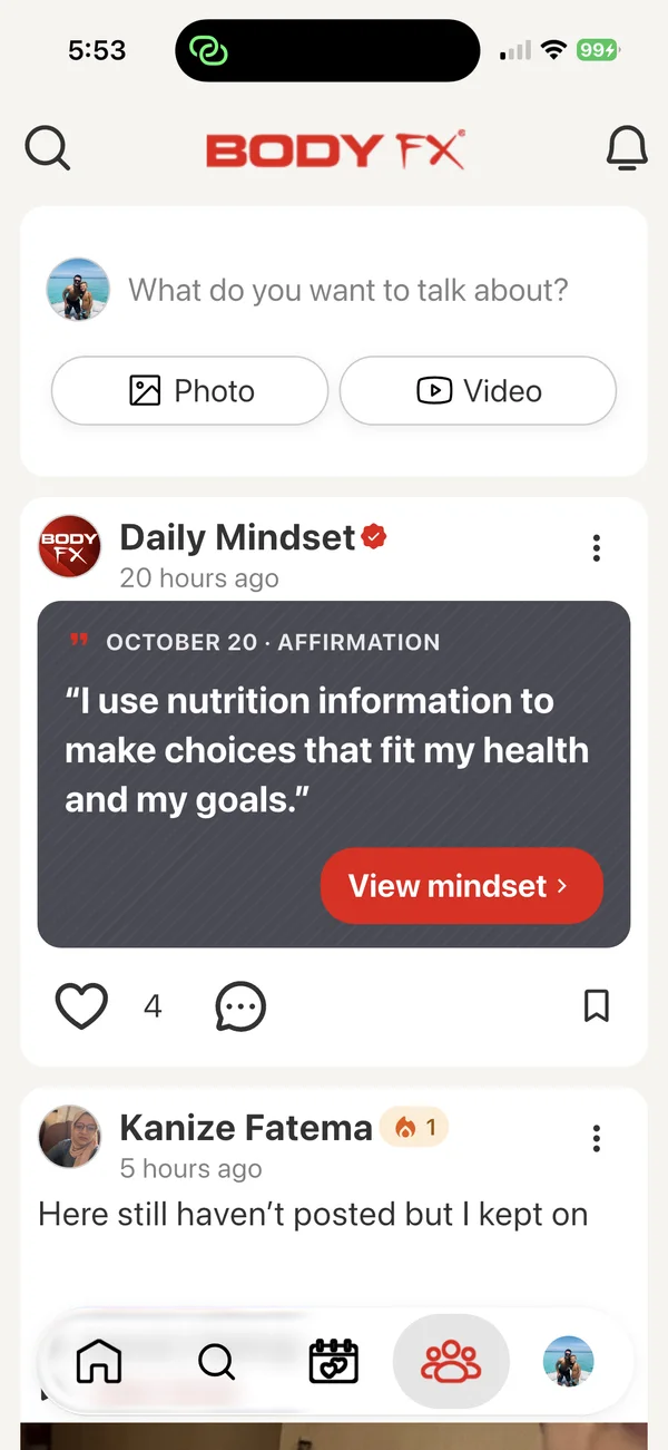 Community feed with a daily mindset post