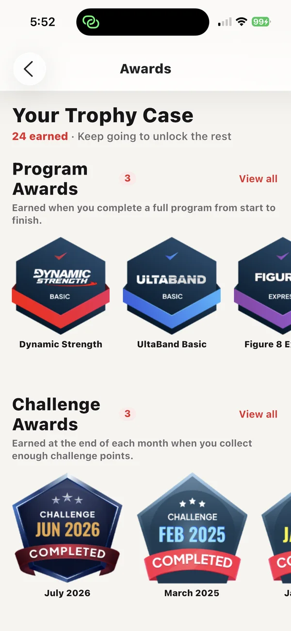 Trophy case with program and challenge awards
