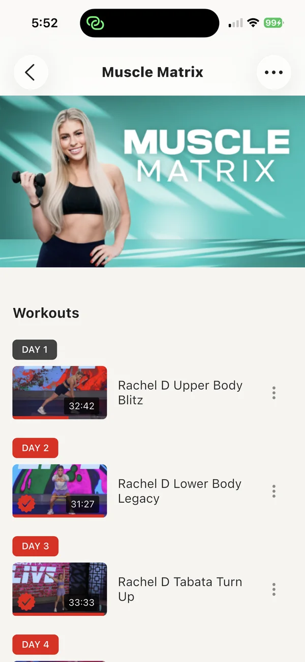 A program's day-by-day video list