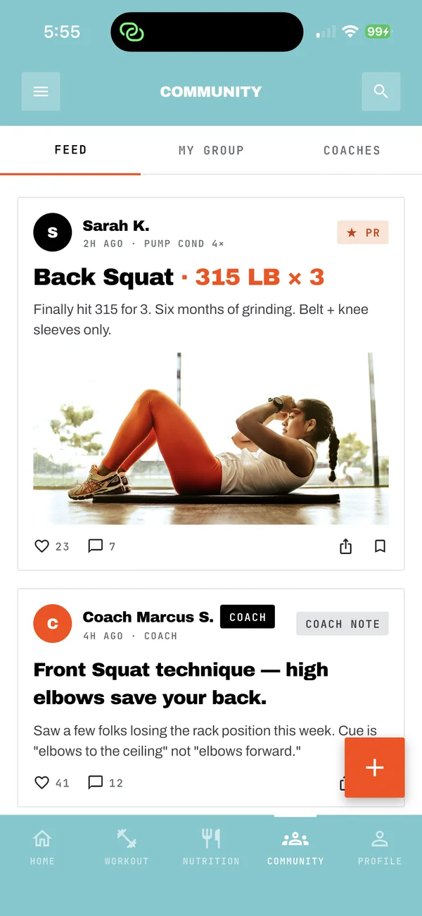 Community feed with a coach note