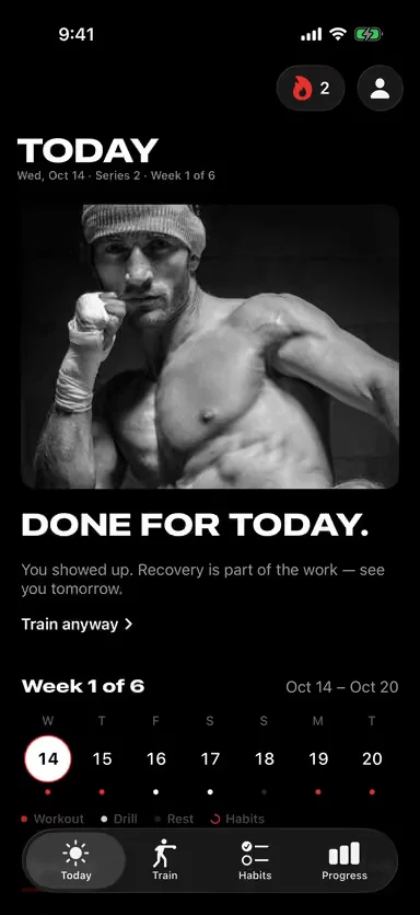 Today screen: the week's plan and a finished session