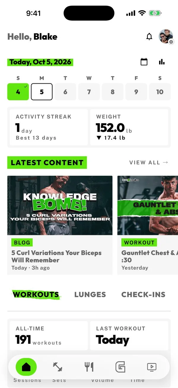 Home screen: activity streak, weight and latest content