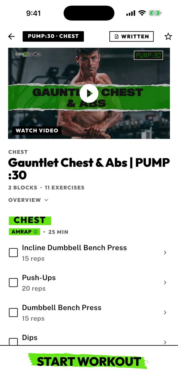 A workout with video and exercise checklist
